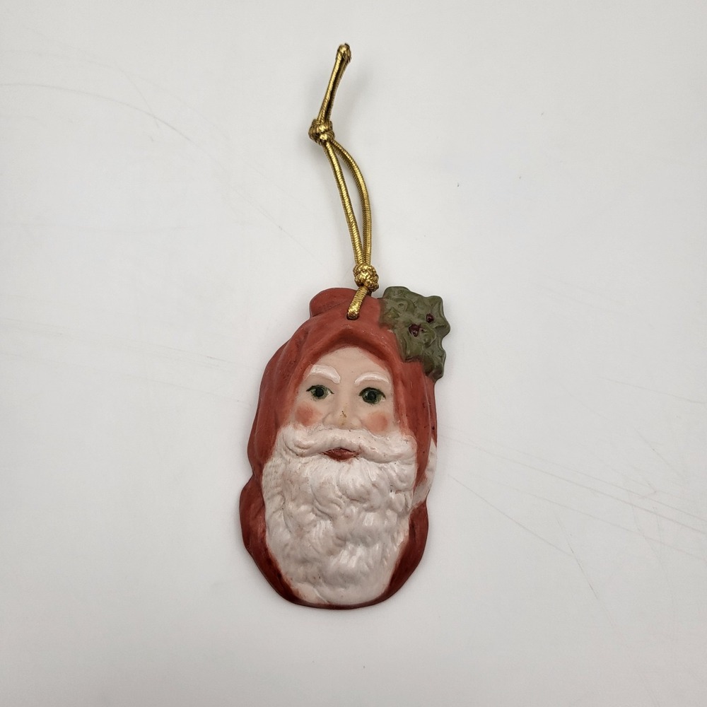 Santa Claus Christmas Ornament Hand Painted Matte Folk Art Holly Vintage Style